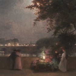 Flower seller on a bridge during night